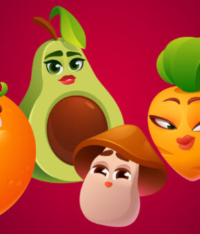 Action Vitas: Cartoon vegetables and fruits design
