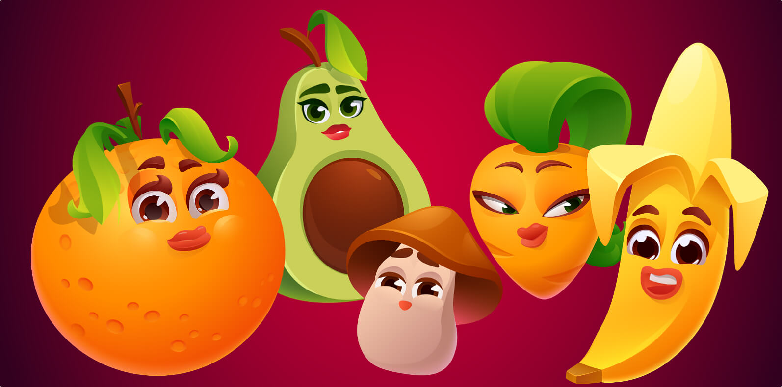 Action Vitas: Cartoon vegetables and fruits design